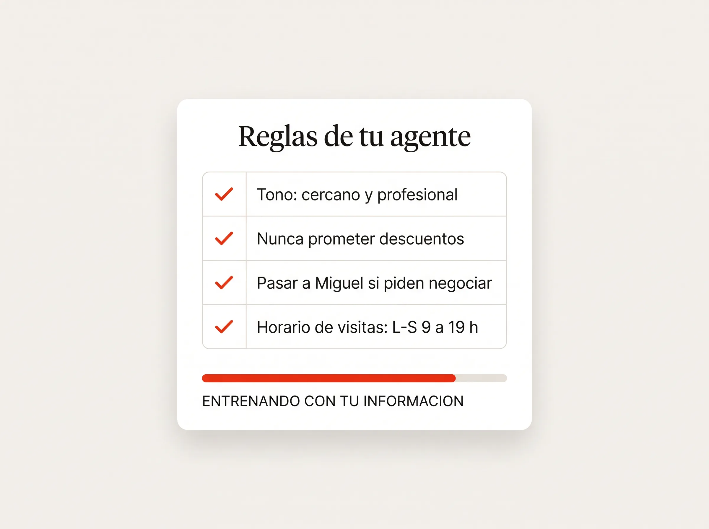 Panel con las reglas del agente: tono cercano, nunca prometer descuentos, pasar a Miguel si piden negociar