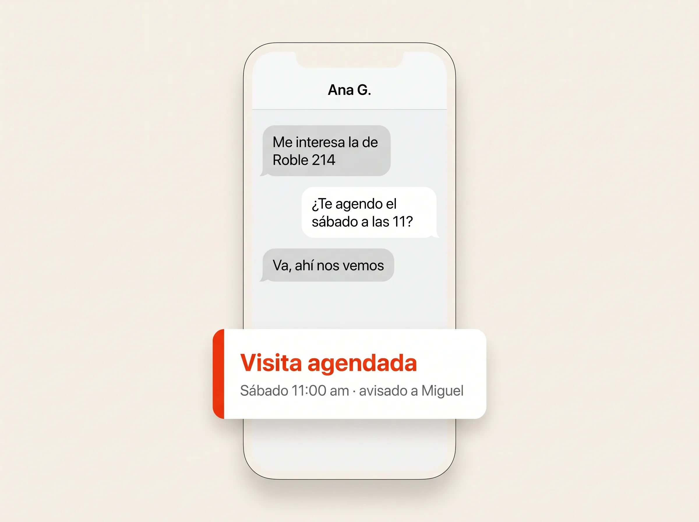 Conversación de WhatsApp donde el agente agenda una visita el sábado a las 11 y avisa a Miguel